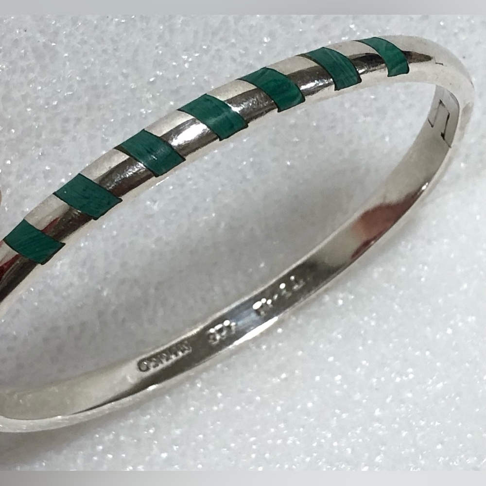 Taxco Sterling Silver Bracelet with Green Inlay Accents